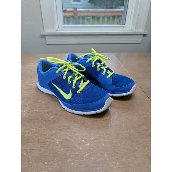 Nike Flex Trainer 3 Running Sneakers women's 9 blue neon green comfort lace up - Picture 1 of 9